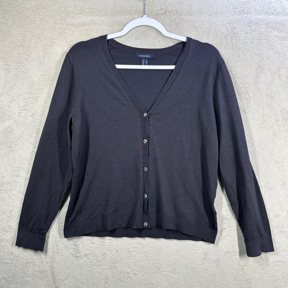 Lands End Cardigan Sweater Womens M Navy Blue V-Neck Button Front Knit Classic